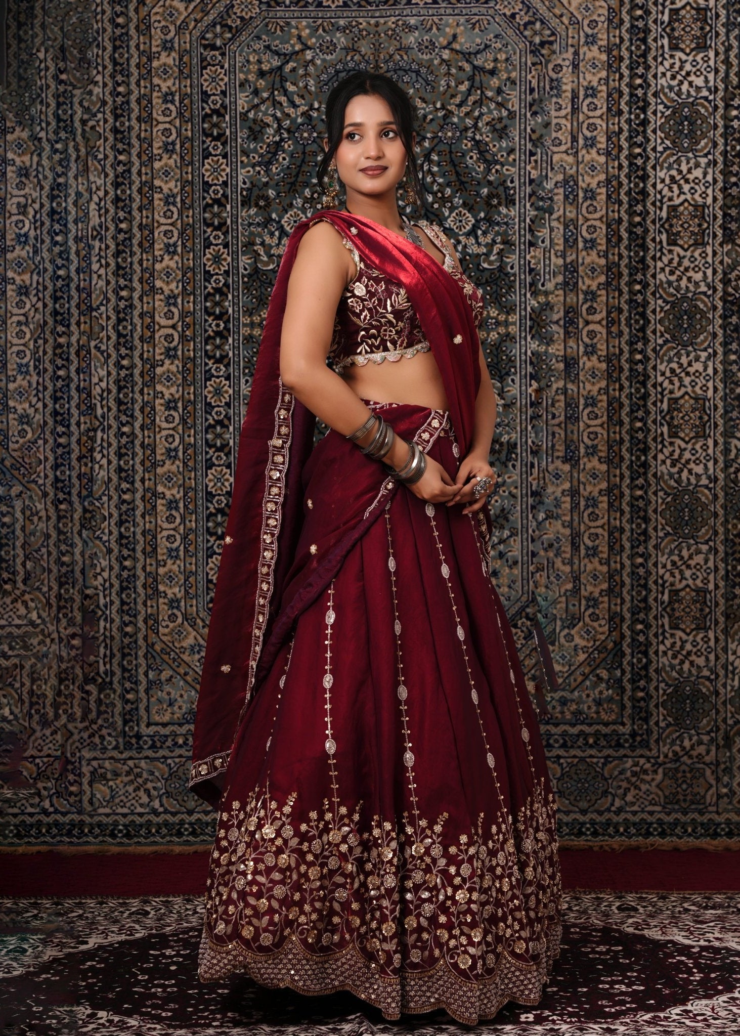 Dark Maroon Embroidered Silk Lehenga - Liza’s FashionLiza’s FashionLehengaXXSDark Maroon Embroidered Silk Lehenga