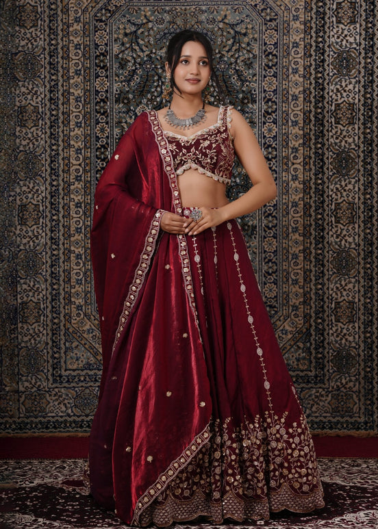Dark Maroon Embroidered Silk Lehenga - Liza’s FashionLiza’s FashionLehengaXXSDark Maroon Embroidered Silk Lehenga