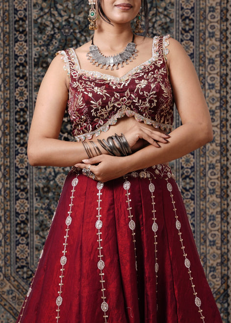 Dark Maroon Embroidered Silk Lehenga - Liza’s FashionLiza’s FashionLehengaXXSDark Maroon Embroidered Silk Lehenga