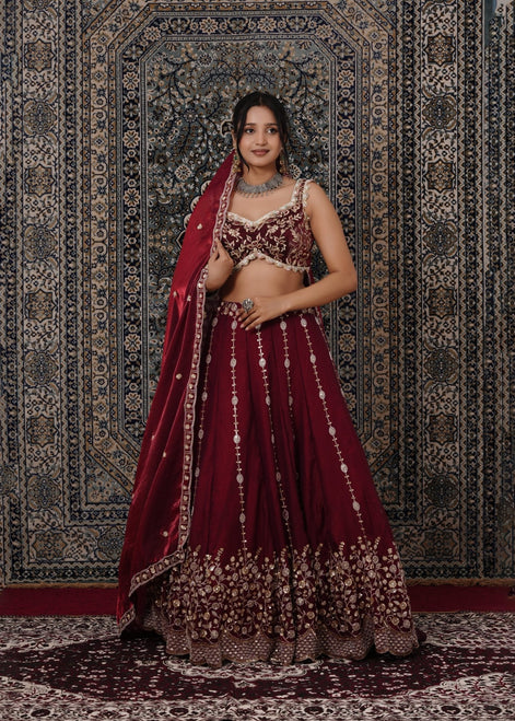 Dark Maroon Embroidered Silk Lehenga - Liza’s FashionLiza’s FashionLehengaXXSDark Maroon Embroidered Silk Lehenga