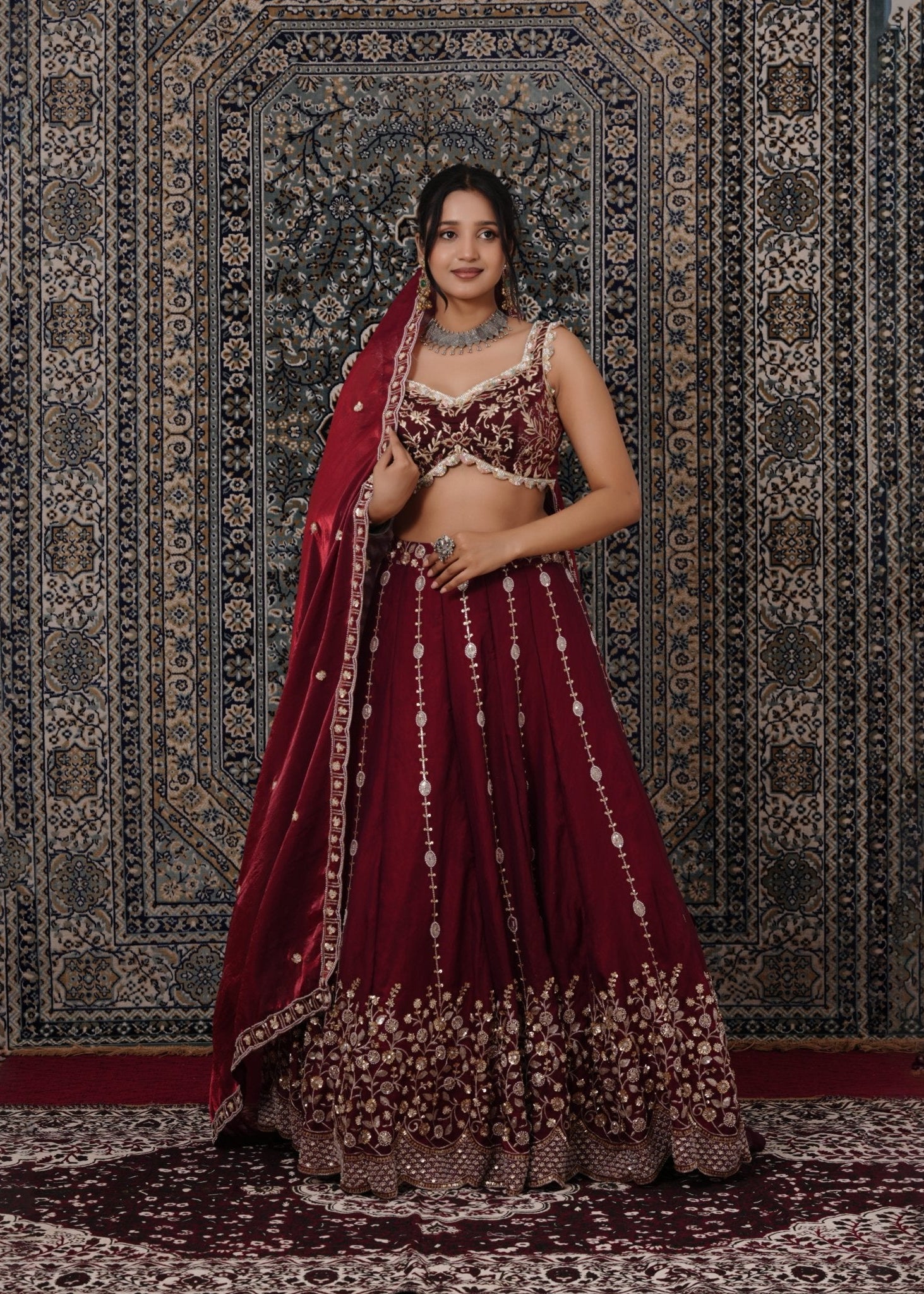 Dark Maroon Embroidered Silk Lehenga - Liza’s FashionLiza’s FashionLehengaXXSDark Maroon Embroidered Silk Lehenga