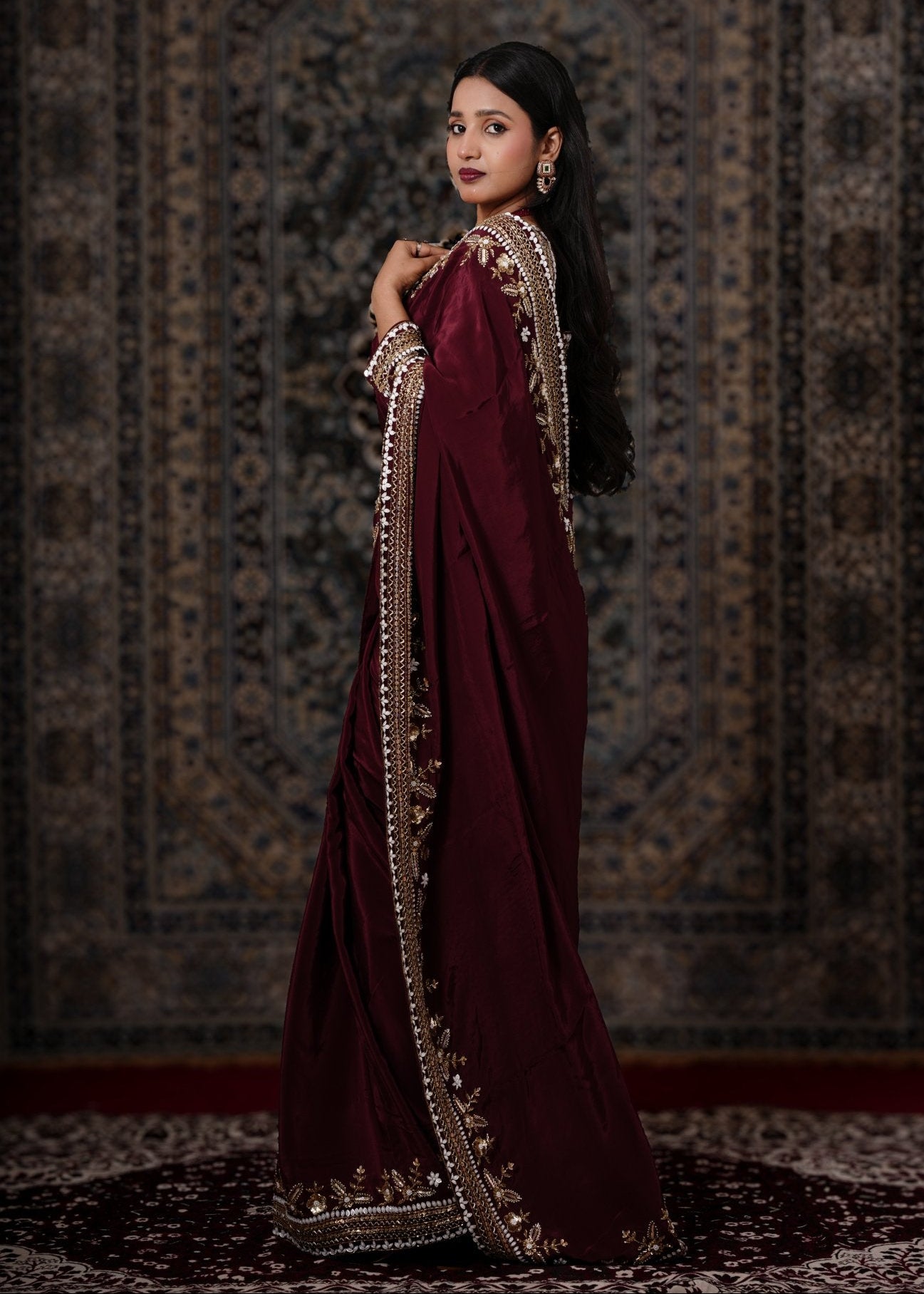 Dark Maroon Embroidered Crepe Silk Saree - Liza’s FashionLiza’s FashionNormal LehengaXXSDark Maroon Embroidered Crepe Silk Saree