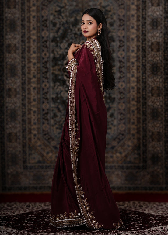 Dark Maroon Embroidered Crepe Silk Saree - Liza’s FashionLiza’s FashionNormal LehengaXXSDark Maroon Embroidered Crepe Silk Saree