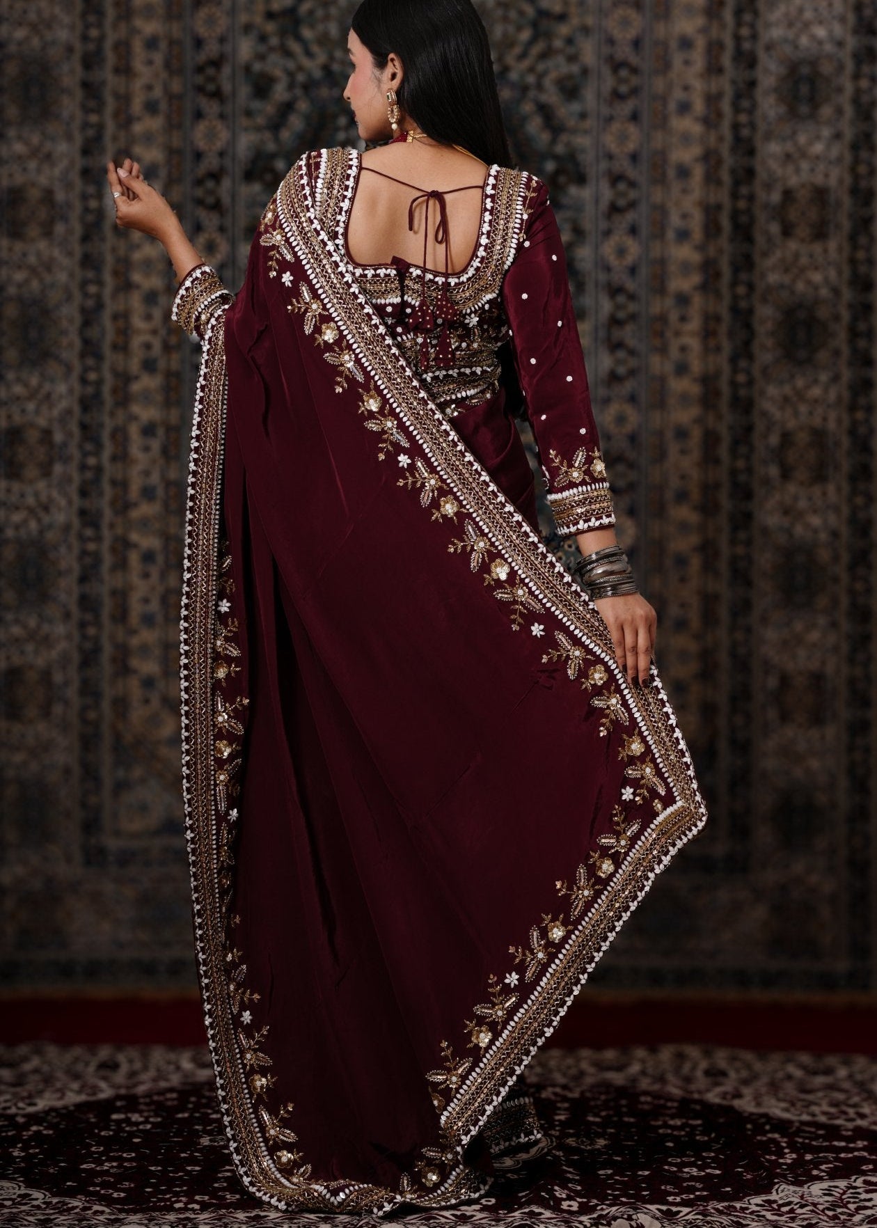 Dark Maroon Embroidered Crepe Silk Saree - Liza’s FashionLiza’s FashionNormal LehengaXXSDark Maroon Embroidered Crepe Silk Saree