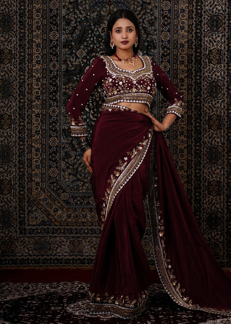 Dark Maroon Embroidered Crepe Silk Saree - Liza’s FashionLiza’s FashionNormal LehengaXXSDark Maroon Embroidered Crepe Silk Saree