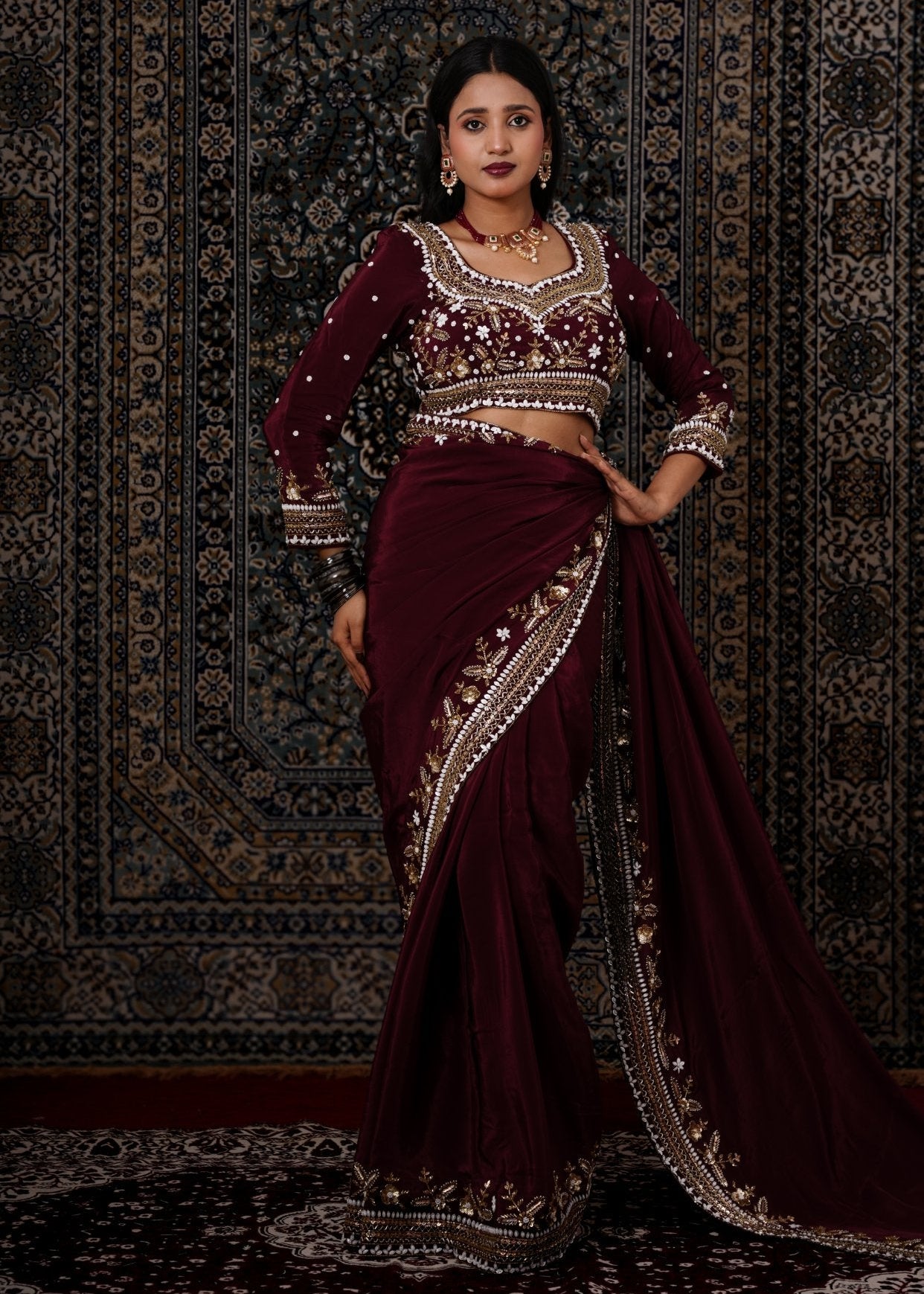 Dark Maroon Embroidered Crepe Silk Saree - Liza’s FashionLiza’s FashionNormal LehengaXXSDark Maroon Embroidered Crepe Silk Saree