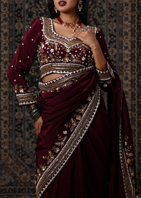 Dark Maroon Embroidered Crepe Silk Saree - Liza’s FashionLiza’s FashionNormal LehengaXXSDark Maroon Embroidered Crepe Silk Saree