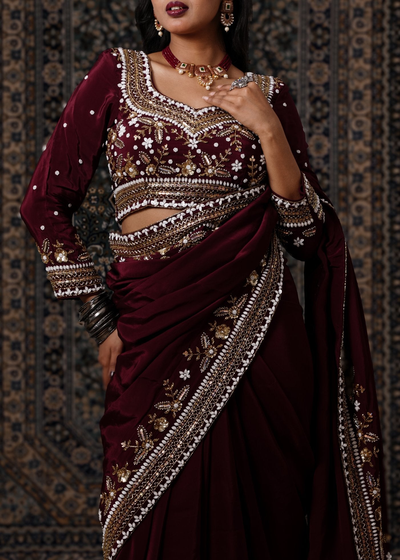 Dark Maroon Embroidered Crepe Silk Saree - Liza’s FashionLiza’s FashionNormal LehengaXXSDark Maroon Embroidered Crepe Silk Saree