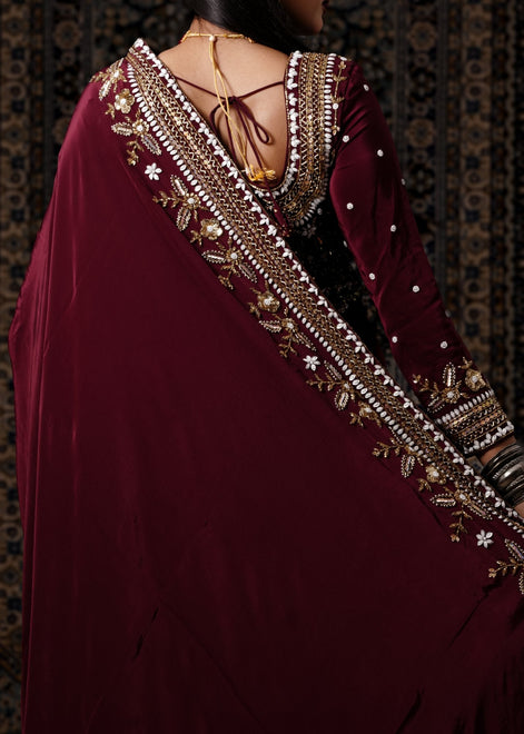 Dark Maroon Embroidered Crepe Silk Saree - Liza’s FashionLiza’s FashionNormal LehengaXXSDark Maroon Embroidered Crepe Silk Saree