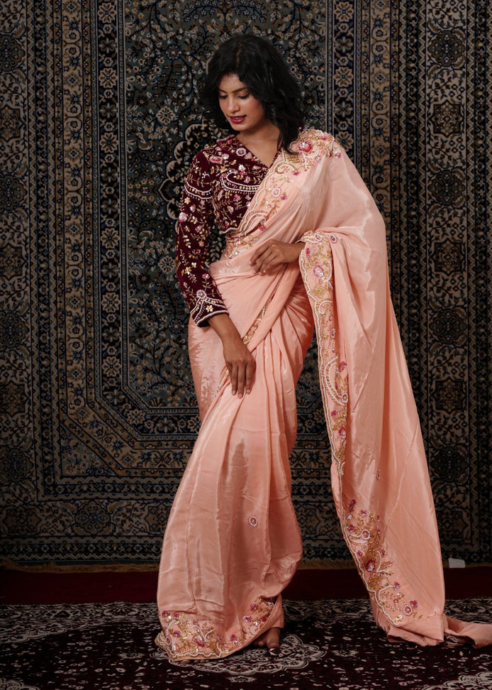 Peach Embroidered Silk Saree - Liza’s FashionLiza’s FashionSareeXXSPeach Embroidered Silk Saree