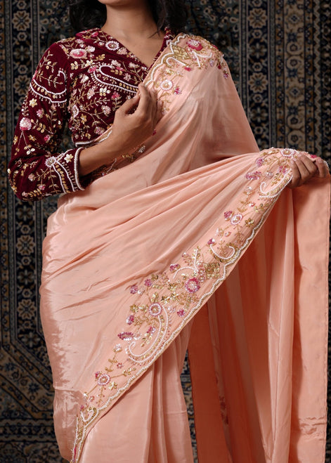 Peach Embroidered Silk Saree - Liza’s FashionLiza’s FashionSareeXXSPeach Embroidered Silk Saree