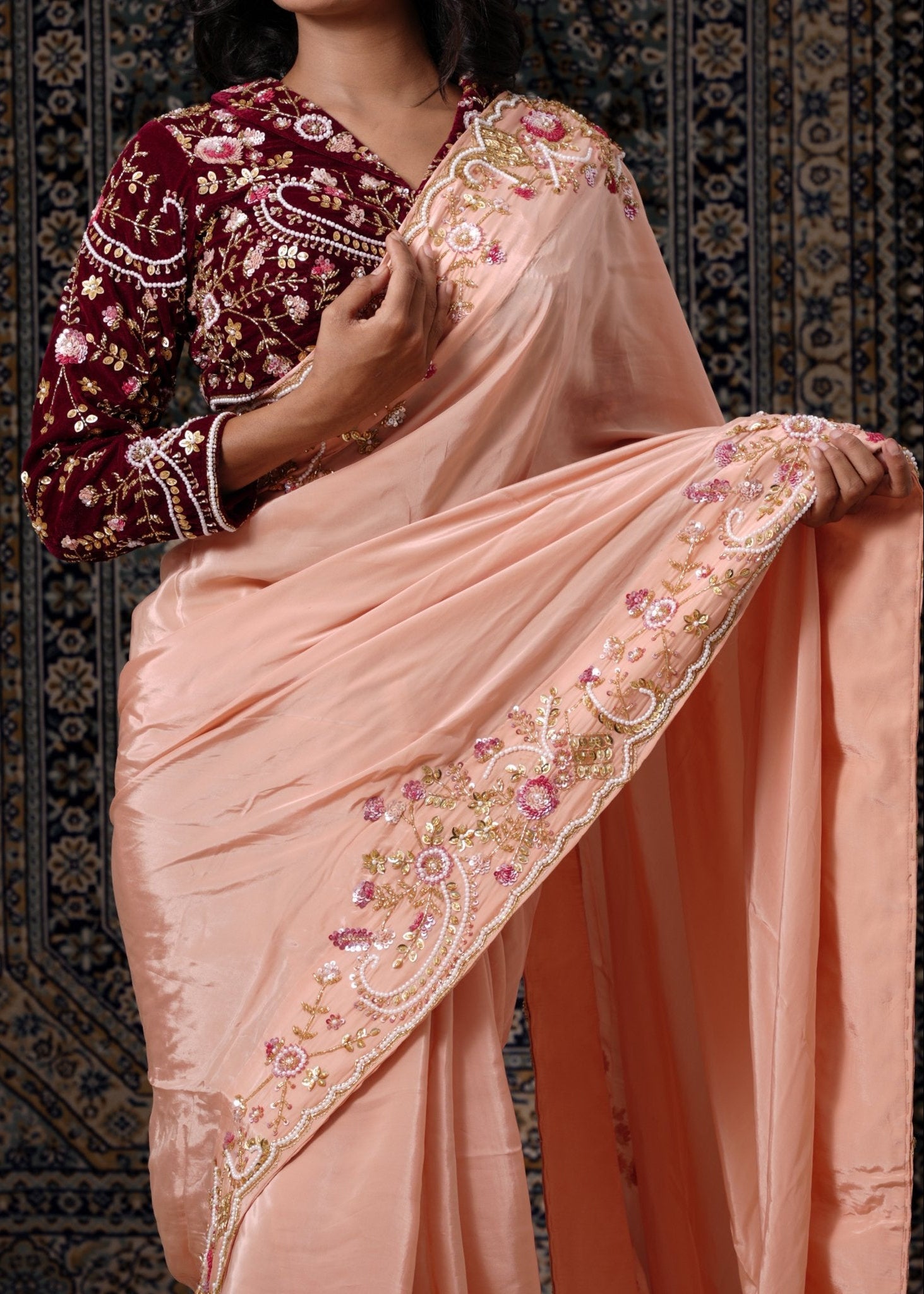 Peach Embroidered Silk Saree - Liza’s FashionLiza’s FashionSareeXXSPeach Embroidered Silk Saree