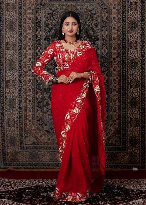 Red Hand - Work Georgette Saree With Matching Belt & Dupatta - Liza’s FashionLiza’s FashionSareeXXSRed Hand - Work Georgette Saree With Matching Belt & Dupatta