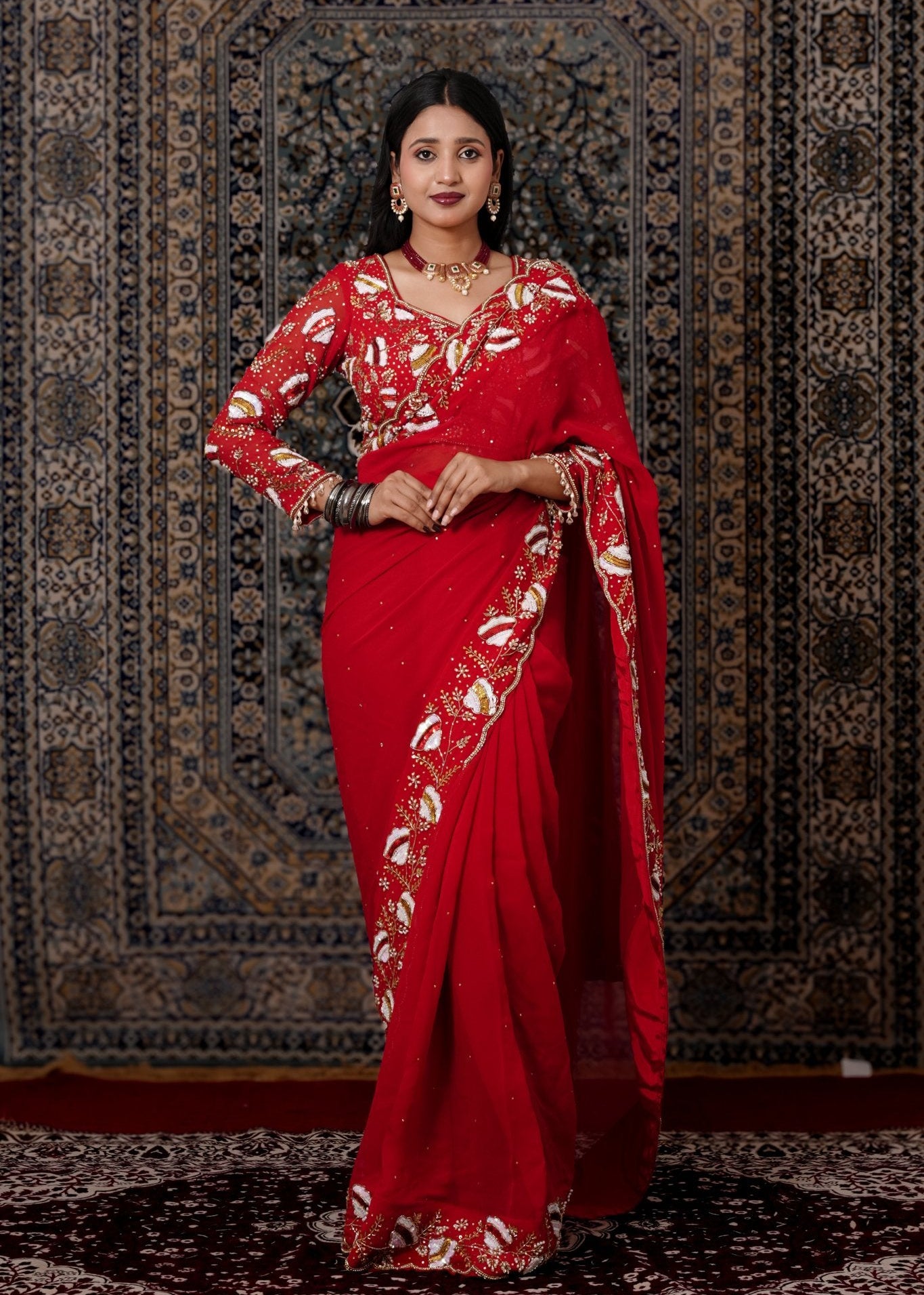 Red Hand - Work Georgette Saree With Matching Belt & Dupatta - Liza’s FashionLiza’s FashionSareeXXSRed Hand - Work Georgette Saree With Matching Belt & Dupatta