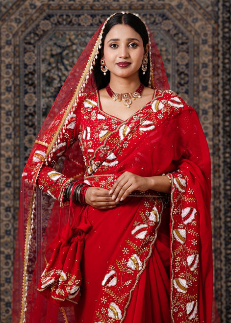 Red Hand - Work Georgette Saree With Matching Belt & Dupatta - Liza’s FashionLiza’s FashionSareeXXSRed Hand - Work Georgette Saree With Matching Belt & Dupatta