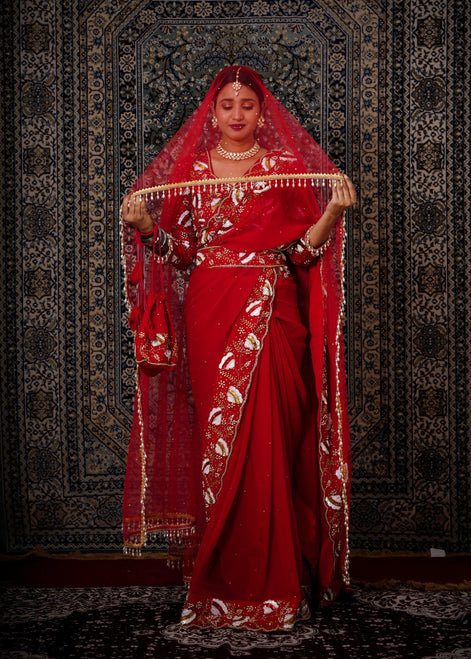 Red Hand - Work Georgette Saree With Matching Belt & Dupatta - Liza’s FashionLiza’s FashionSareeXXSRed Hand - Work Georgette Saree With Matching Belt & Dupatta