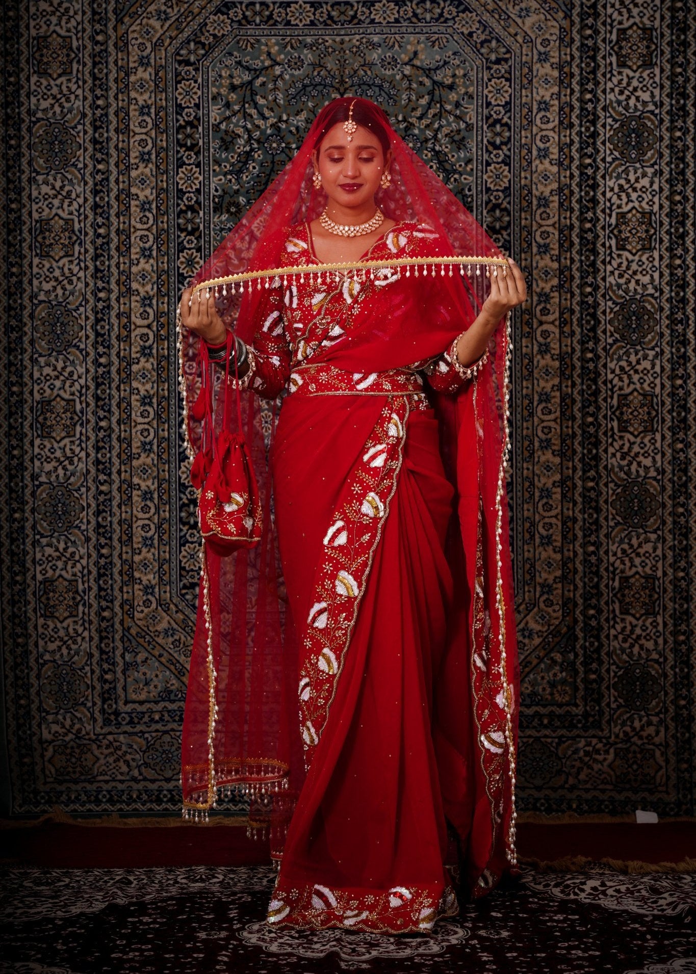 Red Hand - Work Georgette Saree With Matching Belt & Dupatta - Liza’s FashionLiza’s FashionSareeXXSRed Hand - Work Georgette Saree With Matching Belt & Dupatta