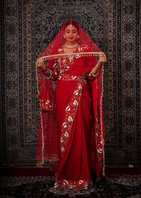 Red Hand - Work Georgette Saree With Matching Belt & Dupatta - Liza’s FashionLiza’s FashionSareeXXSRed Hand - Work Georgette Saree With Matching Belt & Dupatta