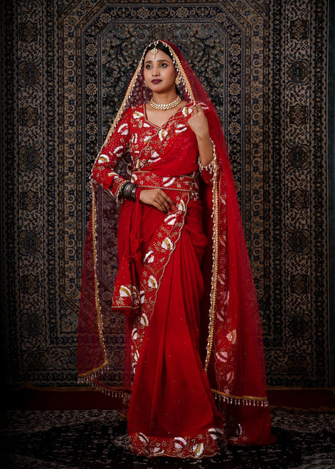 Red Hand - Work Georgette Saree With Matching Belt & Dupatta - Liza’s FashionLiza’s FashionSareeXXSRed Hand - Work Georgette Saree With Matching Belt & Dupatta
