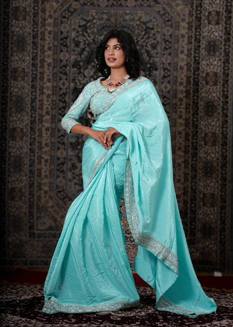 Aqua Blue Hand - Work Silk Saree - Liza’s FashionLiza’s FashionSareeXXSAqua Blue Hand - Work Silk Saree